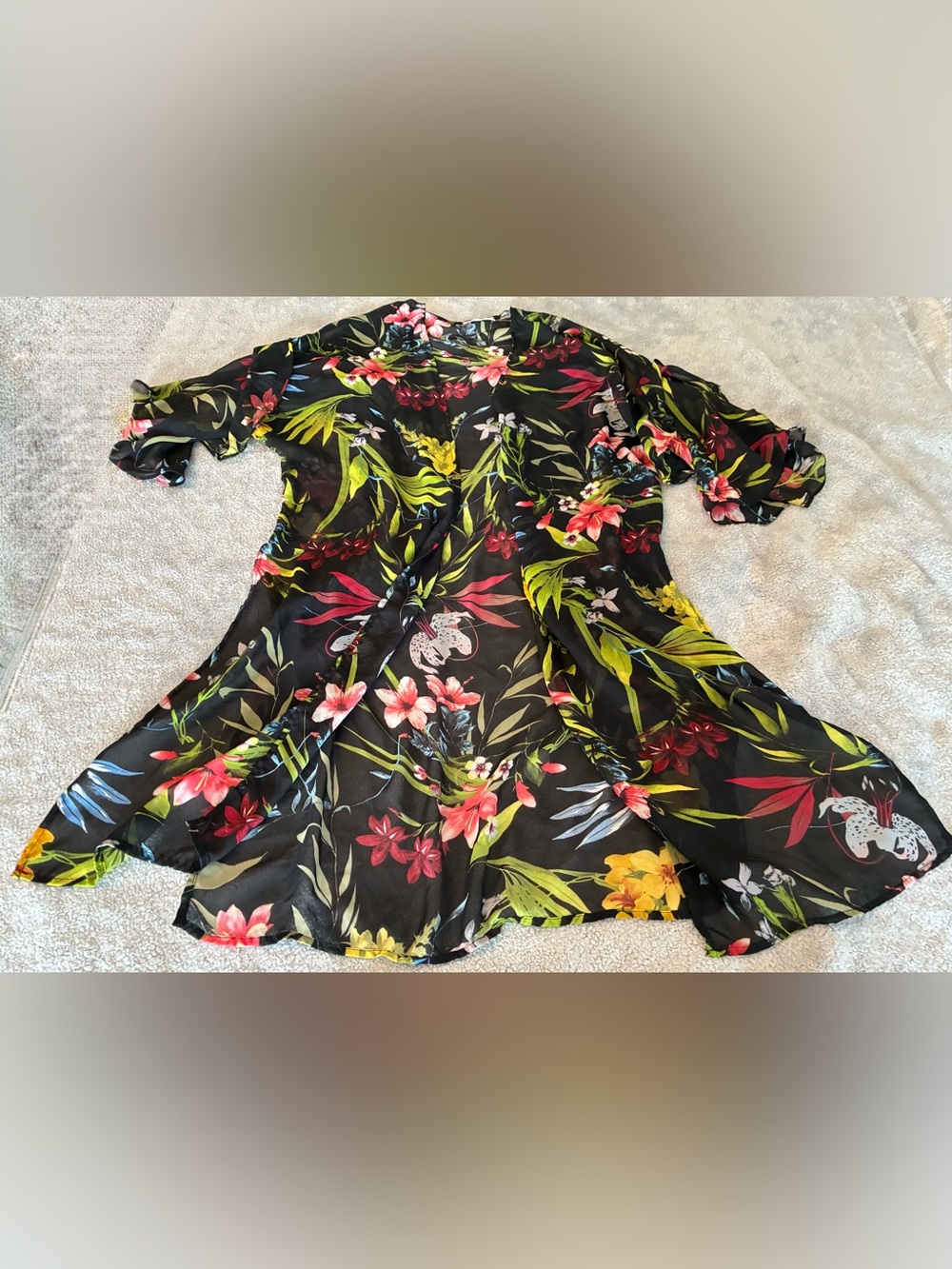 Women’s Carole Christian Sheer Midi Duster Floral Black/Tropical Print Size L